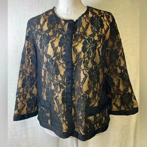 Spiegel Womens Jacket Beige Lined Black Floral Lace Overlay Pockets Crew Neck 16